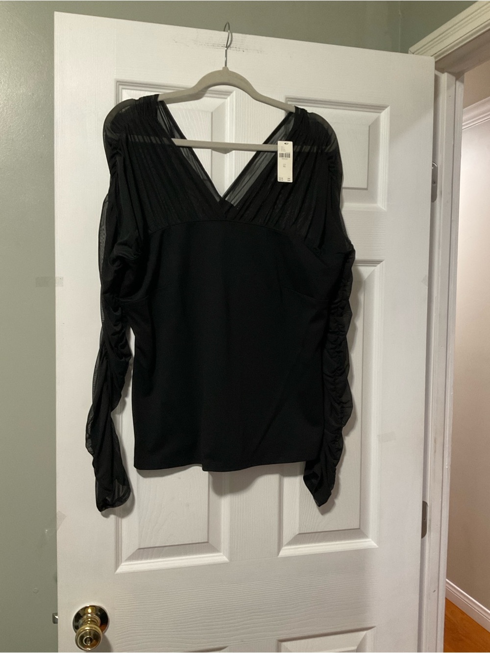 Anthropologie Black V-Neck Ruched Sleeve Blouse